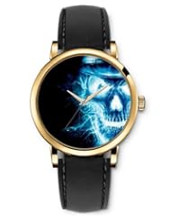 SPRAWL Aanalog Fashion Series Gold Ladies Watches of Genuine Black Leather Strap,Unique Wrist Watch for Women Girls Designed with Skull in the blue flame
