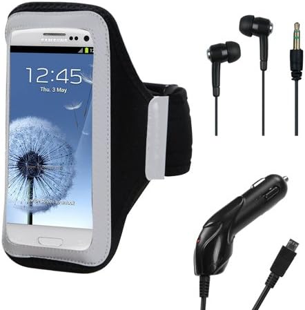 Premium Durable Workout Running Adjustable Neoprene Comfortable lightweight Armband with In-Ear Headphone MP3 Earbuds and Travel Car Charger (microUSB) Fits HTC One M7 / Google Nexus 4 / Samsung Galaxy Note 2 / Samsung Galaxy S4 / Samsung Galaxy S3 / Nokia Lumia 810, 822, 900, 920 / Motorola Droid RAZR M, RAZR HD, RAZR MAXX HD (Black)