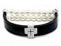 Pave Crystal Cross Slide on Black Faux Leather and Faux Pearl Stretch Bracelet