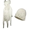 Fashion Large Flower Ruffle Laciness Knitted Beanie Cap Hat and Long Scarf Set - White