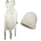Fashion Large Flower Ruffle Laciness Knitted Beanie Cap Hat and Long Scarf Set - White