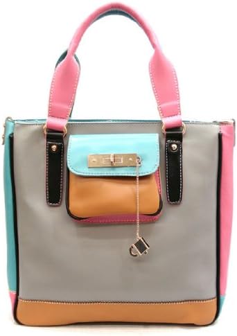 Color Block Gray Pink Golden Lock Chain Pockets Patchwork L Shoulder Handbag Bag