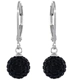 8mm Sterling Silver Round Black Disco Crystal Ball Lever Back Earrings 1 inch Long For Children & Women