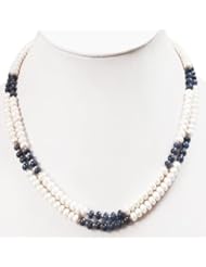 Beautiful Handcrafted Natural Pearl & Cabochon Sapphire Beaded 2 Strands Necklace