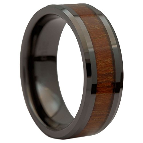 8MM Black Ceramic Wedding Ring Acacia Koa Wood Inlay Comfort Fit