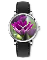 SPRAWL Aanalog Fashion Series Silver Ladies Watches of Genuine Black Leather Strap,Unique Wrist Watch for Women Girls Designed with Pink daisy Blooming