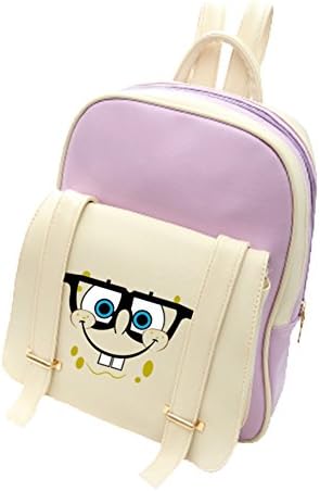 Fashion Women PU Leather Cartoon Cute Anime SpongeBob SquarePants Backpack Shoulders Bag (B-purple)