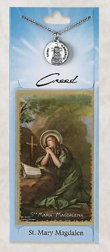 Prayer Card with Pewter Medal St Mary Magdalen. She is the patron saint of the contemplative life, converts, glove makers, hairstylists, penitent sinners, people ridiculed for their piety, perfumeries and perfumers, pharmacists, and women.