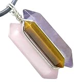 Universe Positive Energy Amulet Silver Crystal Point Wands Rose Quartz, Tiger Eye, Amethyst Pendant Necklace