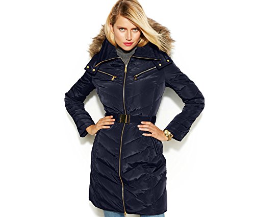 Michael Kors Womens Hooded Faux Fur Trim Belted Down Puffer
