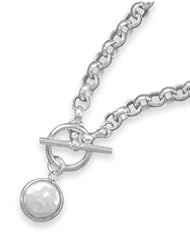 16" Toggle Link Necklace with Bezel Set Coin Pearl Drop