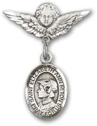 Sterling Silver Baby Badge with St. Elizabeth Ann Seton Charm and Angel with Wings Badge Pin