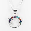 Southwestern Turquoise, Sugilite and Spiny Oyster Gemstone Inlaid Round Lizard Pendant in Sterling Silver by Native American Indian Artist on 20" Sterling Rolo Chain, #7557