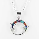 Southwestern Turquoise, Sugilite and Spiny Oyster Gemstone Inlaid Round Lizard Pendant in Sterling Silver by Native American Indian Artist on 20" Sterling Rolo Chain, #7557