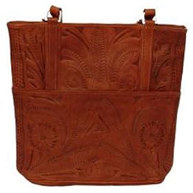 Western Hand Tooled Leather Cowgirl Tote Handbag Purse