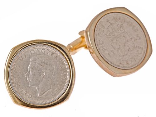 Gold plated cufflinks with King George sixpence coins with presentation case. Made in the U.S.A