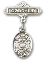 Sterling Silver Baby Badge with St. Catherine Laboure Charm and Godchild Badge Pin
