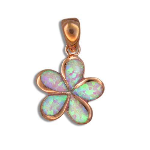 Hawaiian Jewelry Rose Gold Finish Plumeria Flower Blue Opal Pendant