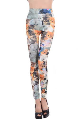 Amour - Woman Lady Elastic Waist Cute Cats Lovely Print Ankle Length Footless Pantyhose Skinny Leggings Pants One size