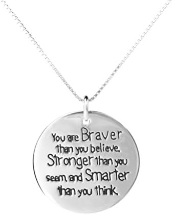 LS JEWELRY 925 Sterling Silver "Braver Stronger Smarter" Inspirational Round Pendant Necklace, 18"