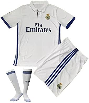 Boys Real Madrid Soccer Jersey Home Ronaldo 7 Kids Youth Shirt+Short+GIFT Socks in 5 Sizes.