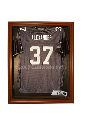 Seattle Seahawks Football Jersey Display Case Cabinet Style with Classic Wood Finish Frame