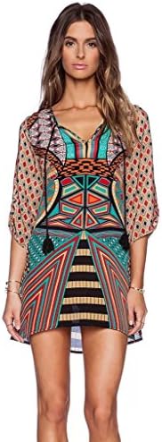 ZeggA Women Bohemian Neck Tie Vintage Printed Ethnic Style Summer Shift Dress Floral Tag M