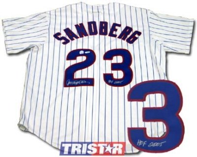 Ryne Sandberg Autographed/Hand Signed Chicago Cubs Majestic Replica Pinstripe Jersey Inscribed HOF 0