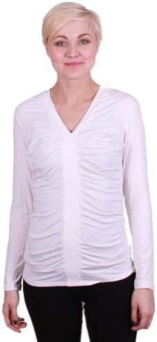 Grace Elements Long Sleeve Ruched V-neck Top (Medium, Ivory Tower)