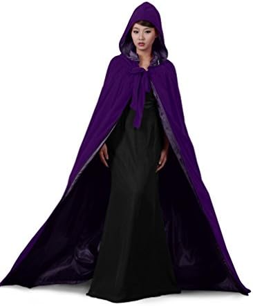PingFeng Halloween Purple Velvet Hooded Cloak Wedding Cape Purple Satin Wicca SCA M
