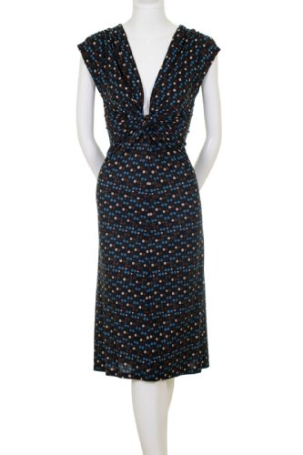 Jully Kang Sleeveless Ruched Shoulders Twisted Knot Plunging Neckline Small Hexagon Print Maxi Long Dress Beige Blue Brown