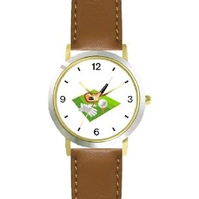 Golf Icon Montage - Club, Golf Ball on Tee, Glove - Golf Theme - WATCHBUDDY® DELUXE TWO-TONE THEME WATCH - Arabic Numbers - Brown Leather Strap-Children's Size-Small ( Boy's Size & Girl's Size )