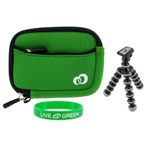 Neoprene Sleeve (Forrest Green) Case and Premium Tripod for Canon PowerShot SD1100IS Digital Camera Golden Tone