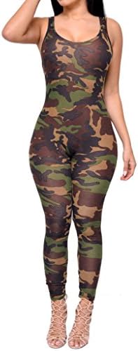 AOVCL Army Green Camouflage Women Backless Sleeveless Bodycon Jumpsuits Rompers