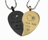 Lovers /Couple Gold & Black Tone Split Heart Pendant Set, Stainless Steel