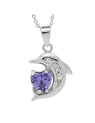.925 Sterling Silver Cz Heart Shaped Simulated Amethyst Color Prong Set Cute Dolphin Pendant Ncklace 18