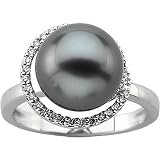 14K White Gold Tahitian Cultured Black Pearl and Diamond Ring