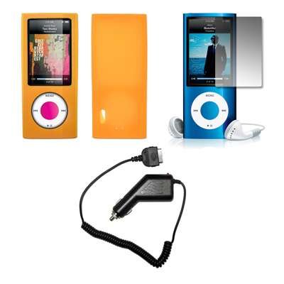 Premium Orange Soft Silicone Gel Skin Cover Case + Crystal Clear LCD Screen Protector + Rapid Car Charger for Apple iPod Nano 5G, 5th Generation