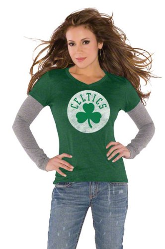 Boston Celtics Green Women's Primary Logo Tri Blend Long Sleeve Layered T-Shirt- by Alyssa Milano