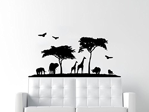 Safari Wall Decal Animals Jungle Safari African Tree Animals Jungle Giraffe Elephant Vinyl Decals Sticker Home Interior Design Art Mural Kids Nursery Baby Room Bedroom Decor