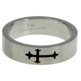 316L stainless steel ring with laser cut cross design - Width: 6mm (Size 6)