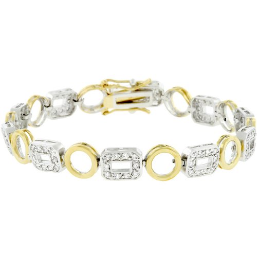White Gold Rhodium and 14k Gold Bonded 7in Link Bracelet with Round Cut White CZ Accents in a Channel setting and a Lock Clasp in Two Tone