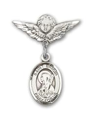 Sterling Silver Baby Badge with St. Brigid of Ireland Charm and Angel with Wings Badge Pin