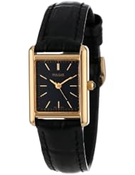 Pulsar Womens PTC384 Gold-Tone Black Leather Strap Watch
