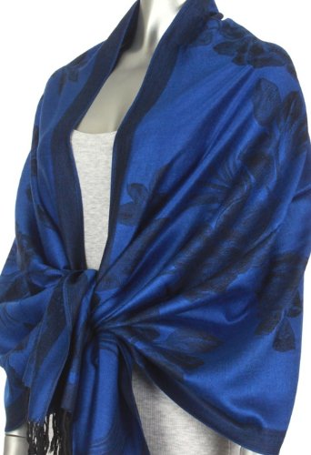 FUPashRose06AG Lightweight Two Tone Rose Floral Design Pashmina Fringe Scarf / Stole / Wrap - Royal Blue / Black