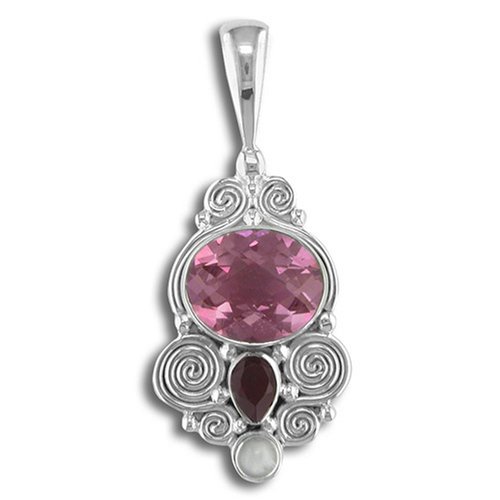 Sterling Silver Faceted Watermelon Blush Quartz, Garnet and Cabochon Rainbow Moonstone Pendant by Sajen