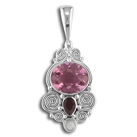 Sterling Silver Faceted Watermelon Blush Quartz, Garnet and Cabochon Rainbow... by Moonstone Birthstones