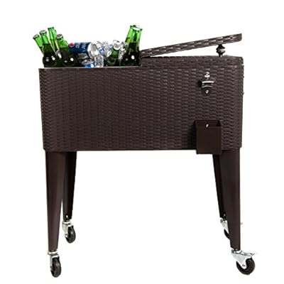 HIO 80 Qt Outdoor Patio Cooler Table On Wheels, Rolling Cooler, Dark Brown Wicker