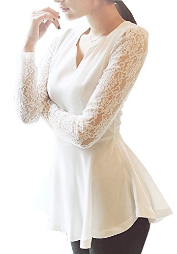 Women Long Sleeve Lace Chiffon Shirt Flared Blouse Top Sexy T-shirt