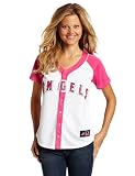 MLB Women's Los Angeles Angels Short Sleeve 5 Button Synthetic Replica Baseball Jersey (White/Pink Splash, Large)